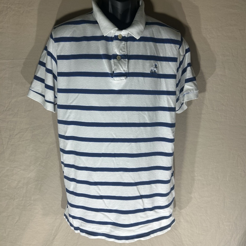 Atakoka Bay Polo Shirt Mens XL White Blue Striped Short Sleeve Cotton Deer Logo